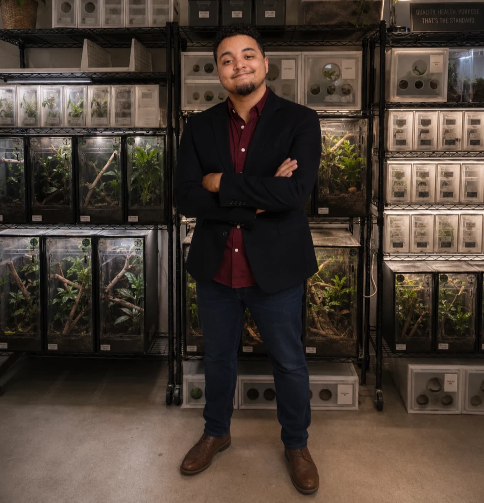 Dusty standing with arms crossed in front of racks of planted gecko enclosures and labeled tubs